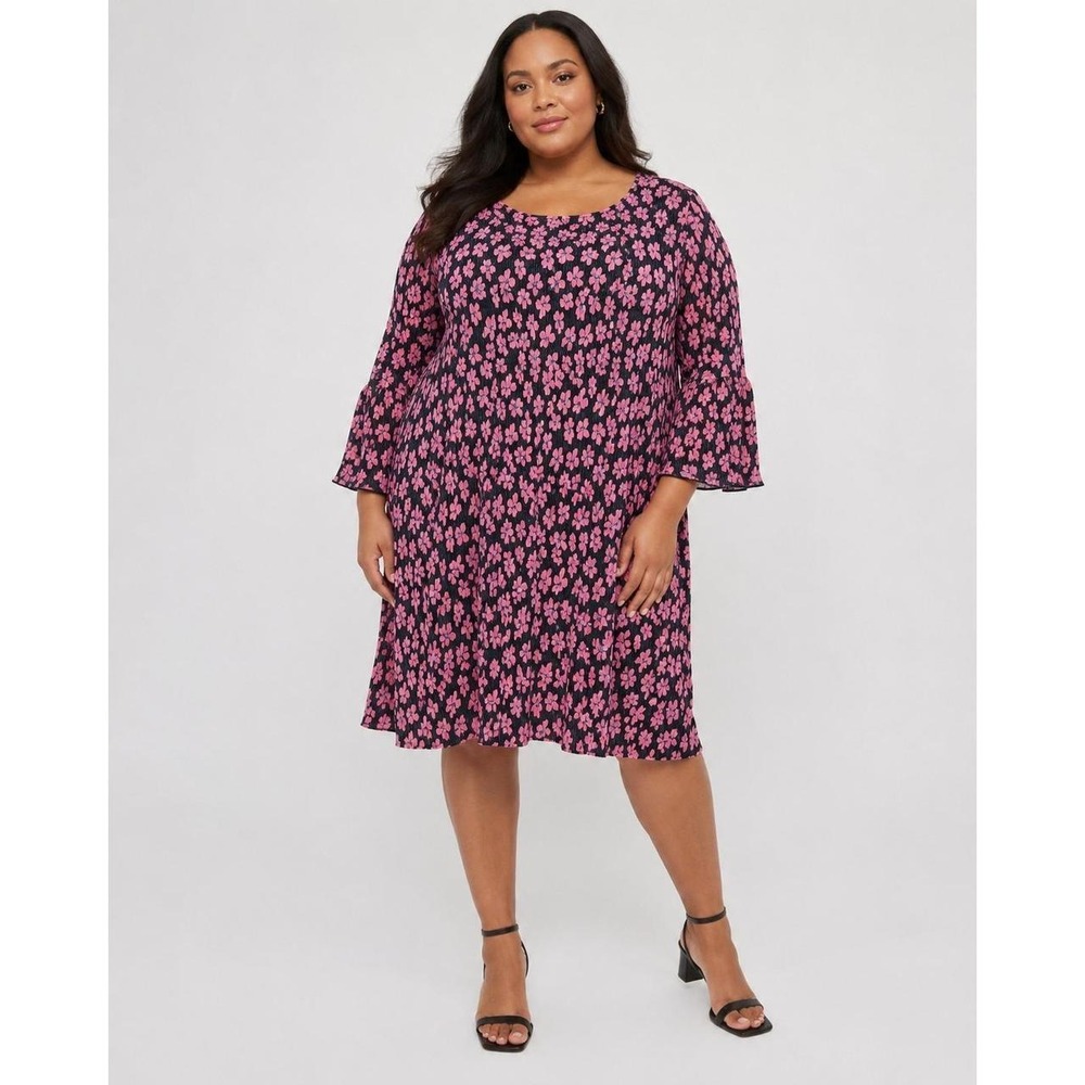 ASOS DESIGN Curve Pink Black Floral Plisse Bell Sleeve Smock Mini Dress US 22